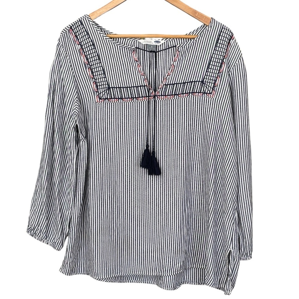 Old Navy Striped Embroidered Boho Tunic Blouse with Tassels - Size Large
